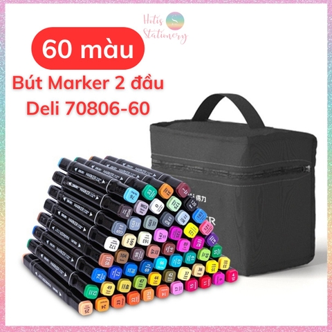 [HOTIS] Bút màu dạ Marker 2 đầu chuyên nghiệp DELI vẽ tranh viết calligraphy 30/40/60/80 màu - Kèm Túi vải