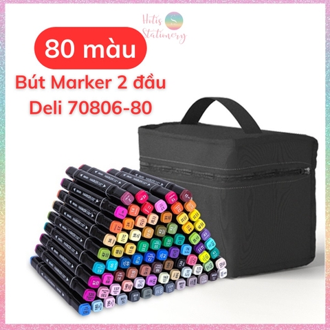 [HOTIS] Bút màu dạ Marker 2 đầu chuyên nghiệp DELI vẽ tranh viết calligraphy 30/40/60/80 màu - Kèm Túi vải