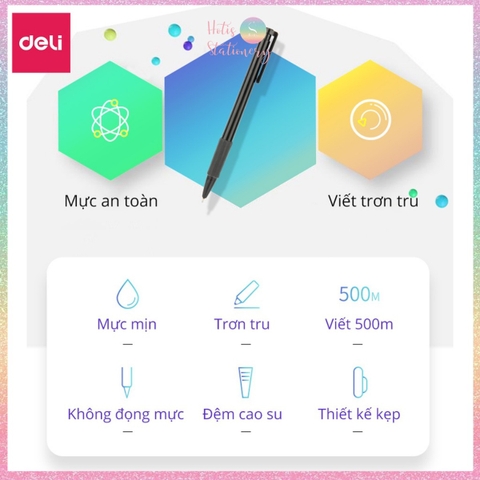 [HOTIS] Set 5 Bút bi bấm văn phòng ngòi 0.7mm DELI 6546S -  Mực Xanh, Đỏ, Đen