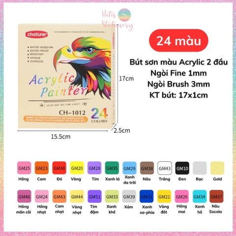 [HOTIS] Set 12/24/36 Bút sơn màu Acrylic Painter Chotune vẽ tranh tô màu trên nhiều chất liệu