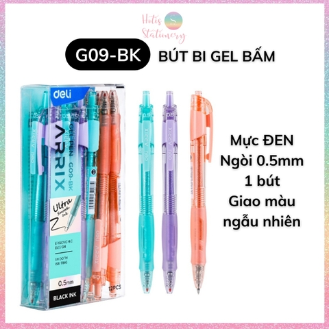 [HOTIS] Bút bi gel bấm DELI G09 vỏ màu pastel phối nhũ ngòi 0.5mm - Mực Xanh, Đen