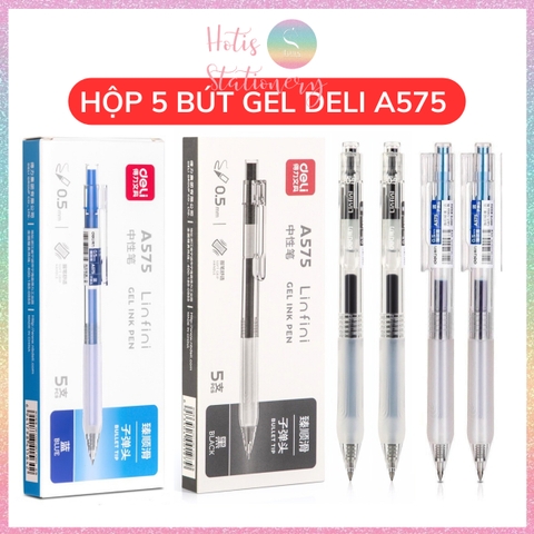 [HOTIS] Hộp 5 bút bi gel bấm DELI A575 ngòi 0.5mm bút bi bấm mực đều nhanh khô