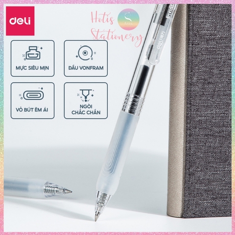 [HOTIS] Hộp 5 bút bi gel bấm DELI A575 ngòi 0.5mm bút bi bấm mực đều nhanh khô
