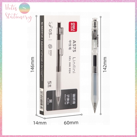 [HOTIS] Hộp 5 bút bi gel bấm DELI A575 ngòi 0.5mm bút bi bấm mực đều nhanh khô