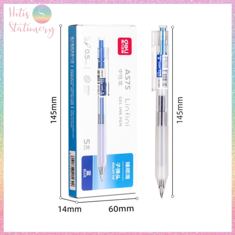 [HOTIS] Hộp 5 bút bi gel bấm DELI A575 ngòi 0.5mm bút bi bấm mực đều nhanh khô