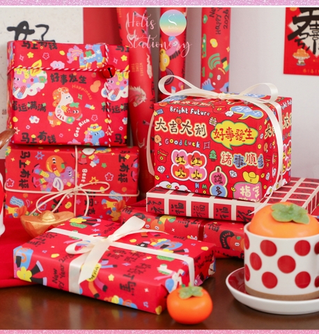 [HOTIS] Set 6 tờ Giấy gói quà Tết May Mắn, giấy gói quà cao cấp, khổ lớn - KT 50x70cm