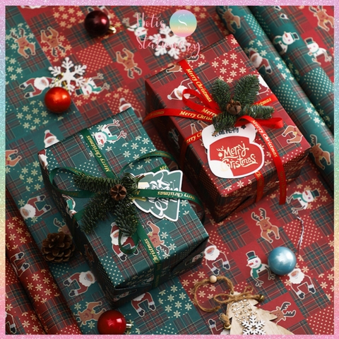 [HOTIS] Set 5 Tờ Giấy Gói Quà Giáng Sinh Caro Kraft 49x49cm - Họa Tiết Tuần Lộc, Ông Già Noel, Gói Quà & Bó Hoa Trang Trí Noel