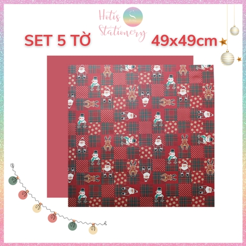 [HOTIS] Set 5 Tờ Giấy Gói Quà Giáng Sinh Caro Kraft 49x49cm - Họa Tiết Tuần Lộc, Ông Già Noel, Gói Quà & Bó Hoa Trang Trí Noel