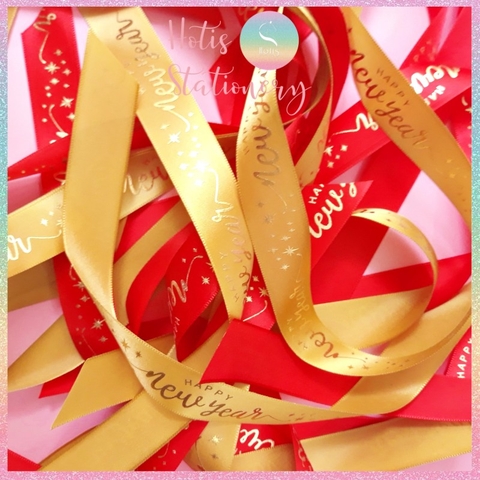 [HOTIS] Lẻ 1m / 5m - Ruy băng lụa ép kim chữ nổi Happy New Year - Bản rộng 2.5cm