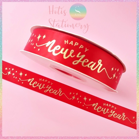 [HOTIS] Lẻ 1m / 5m - Ruy băng lụa ép kim chữ nổi Happy New Year - Bản rộng 2.5cm