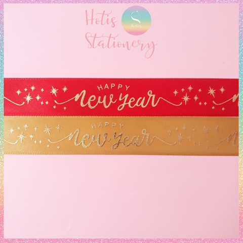 [HOTIS] Lẻ 1m / 5m - Ruy băng lụa ép kim chữ nổi Happy New Year - Bản rộng 2.5cm