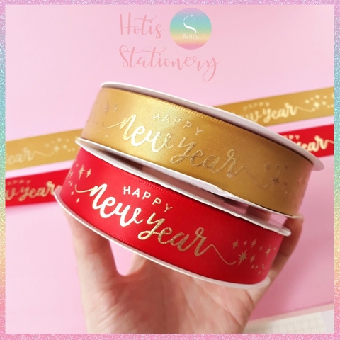 [HOTIS] Lẻ 1m / 5m - Ruy băng lụa ép kim chữ nổi Happy New Year - Bản rộng 2.5cm