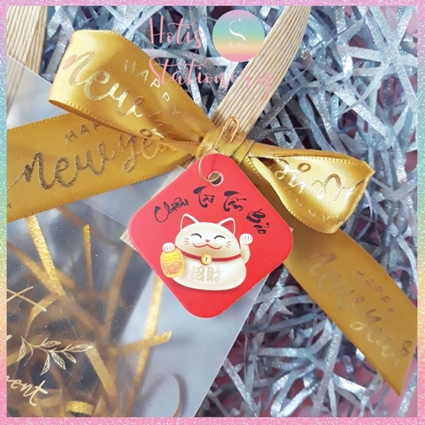 [HOTIS] Lẻ 1m / 5m - Ruy băng lụa ép kim chữ nổi Happy New Year - Bản rộng 2.5cm