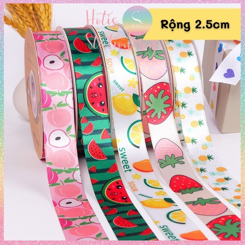 [HOTIS] [Lẻ 1m/ 5m] Ruy băng lụa in hình trái cây bản rộng 2.5cm