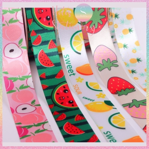 [HOTIS] Cuộn 45 mét Ruy băng lụa in hình trái cây bản rộng 2.5cm