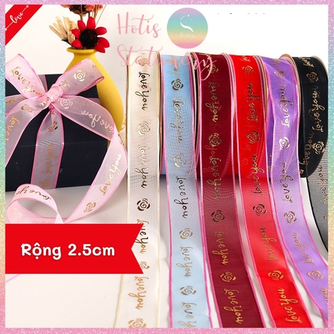 [HOTIS] [Lẻ 1m/ 5m] Ruy băng lưới Love You hoa hồng dập nổi vàng kim - Rộng 2.5cm