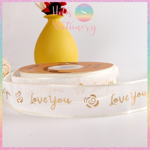 [HOTIS] Cuộn 18 mét Ruy băng lưới Love You hoa hồng dập nổi vàng kim - Rộng 2.5cm