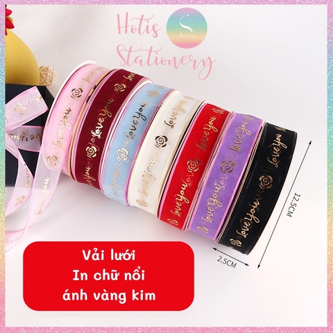 [HOTIS] [Lẻ 1m/ 5m] Ruy băng lưới Love You hoa hồng dập nổi vàng kim - Rộng 2.5cm