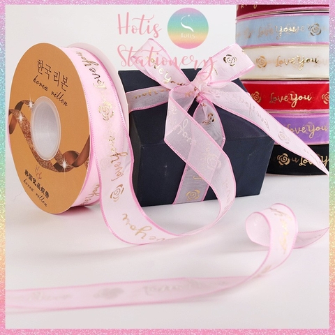 [HOTIS] [Lẻ 1m/ 5m] Ruy băng lưới Love You hoa hồng dập nổi vàng kim - Rộng 2.5cm