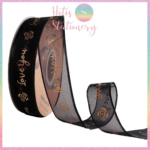 [HOTIS] Cuộn 18 mét Ruy băng lưới Love You hoa hồng dập nổi vàng kim - Rộng 2.5cm