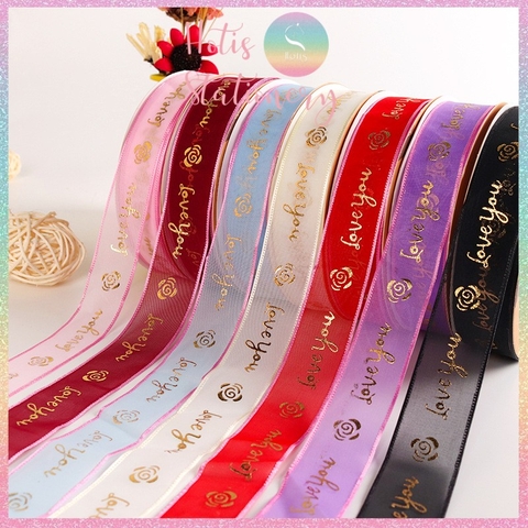 [HOTIS] Cuộn 18 mét Ruy băng lưới Love You hoa hồng dập nổi vàng kim - Rộng 2.5cm