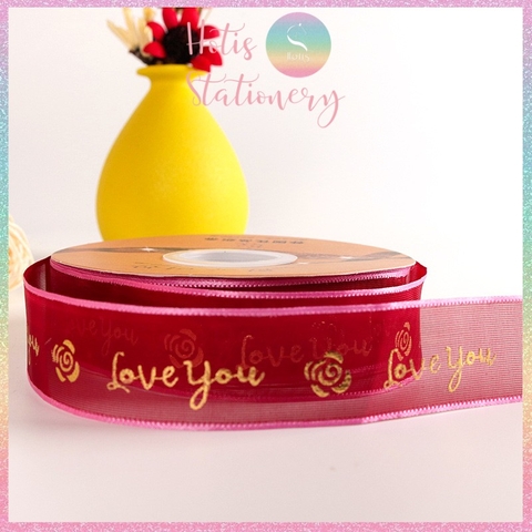 [HOTIS] Cuộn 18 mét Ruy băng lưới Love You hoa hồng dập nổi vàng kim - Rộng 2.5cm