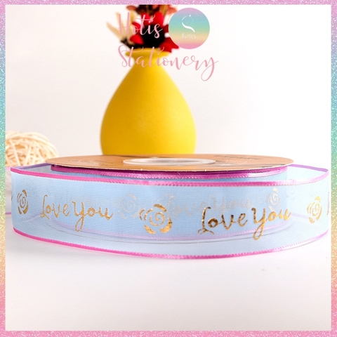 [HOTIS] Cuộn 18 mét Ruy băng lưới Love You hoa hồng dập nổi vàng kim - Rộng 2.5cm