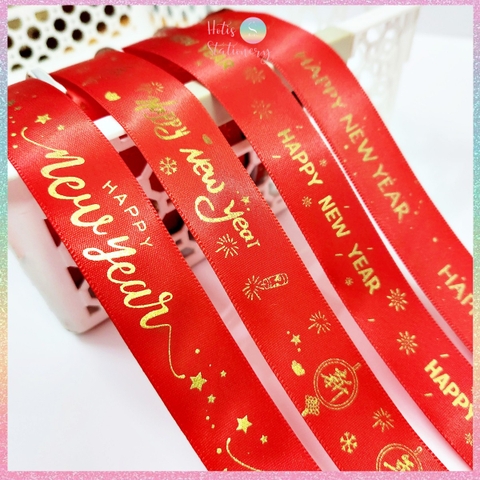 [HOTIS] Cuộn 22m Ruy băng lụa đỏ dập vàng kim Happy New Year 2025 Chúc Mừng Năm Mới Ất Tỵ
