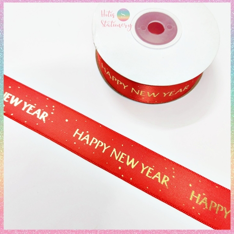 [HOTIS] Cuộn 22m Ruy băng lụa đỏ dập vàng kim Happy New Year Chúc Mừng Năm Mới