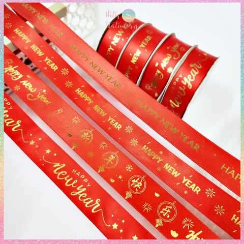 [HOTIS] Cuộn 22m Ruy băng lụa đỏ dập vàng kim Happy New Year Chúc Mừng Năm Mới