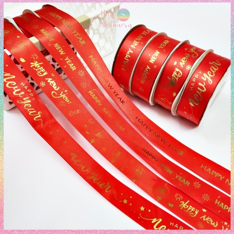 [HOTIS] Cuộn 22m Ruy băng lụa đỏ dập vàng kim Happy New Year Chúc Mừng Năm Mới