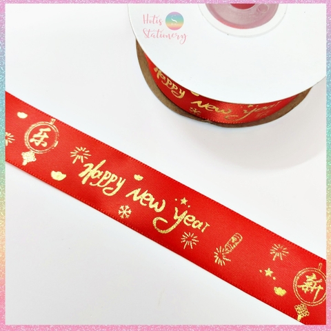 [HOTIS] Cuộn 22m Ruy băng lụa đỏ dập vàng kim Happy New Year Chúc Mừng Năm Mới