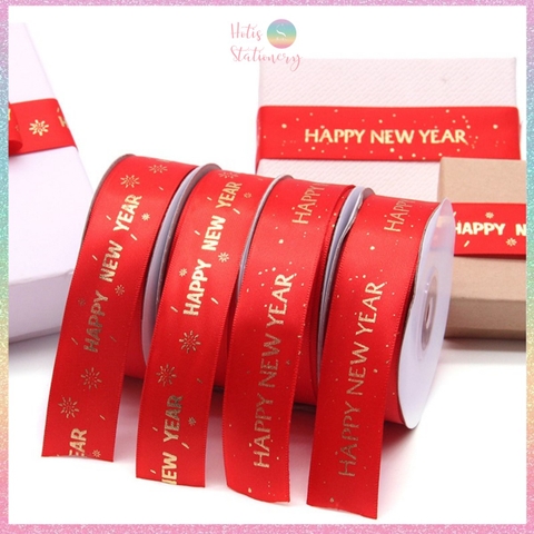 [HOTIS] Cuộn 22m Ruy băng lụa đỏ dập vàng kim Happy New Year Chúc Mừng Năm Mới