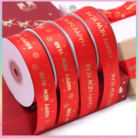[HOTIS] Cuộn 22m Ruy băng lụa đỏ dập vàng kim Happy New Year Chúc Mừng Năm Mới