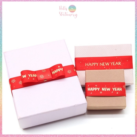 [HOTIS] Cuộn 22m Ruy băng lụa đỏ dập vàng kim Happy New Year Chúc Mừng Năm Mới