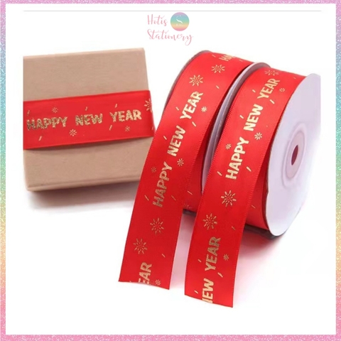 [HOTIS] Cuộn 22m Ruy băng lụa đỏ dập vàng kim Happy New Year Chúc Mừng Năm Mới