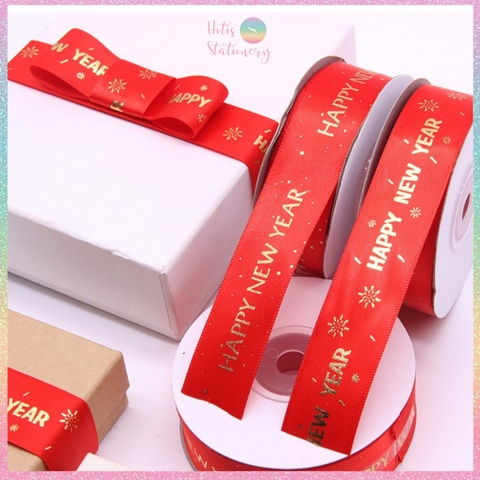 [HOTIS] Cuộn 22m Ruy băng lụa đỏ dập vàng kim Happy New Year Chúc Mừng Năm Mới