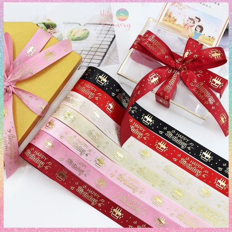 [HOTIS] Lẻ 5 mét - Ruy băng lụa Happy Birthday Chúc mừng sinh nhật in hình dập nổi vàng ánh kim làm nơ, bó hoa, gói quà - Rộng 2cm