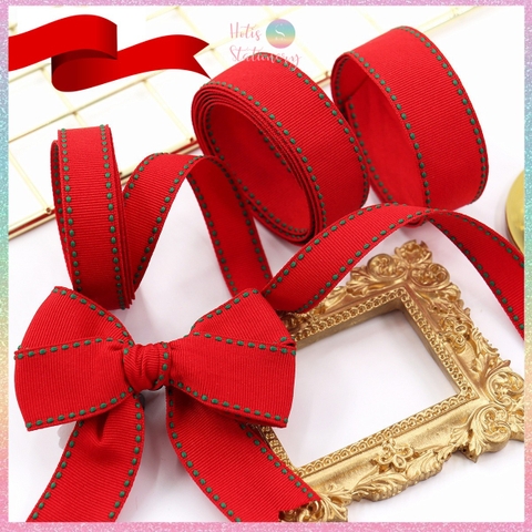 [HOTIS] Lẻ 5 mét - Ruy băng đỏ viền xanh Happy New Year Chúc mừng năm mới làm nơ, bó hoa, gói quà