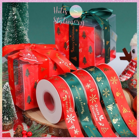 [HOTIS] Cuộn 22m Ruy băng Giáng Sinh Noel Merry Christmas màu xanh đỏ ánh kim dùng để gói quà, làm nơ