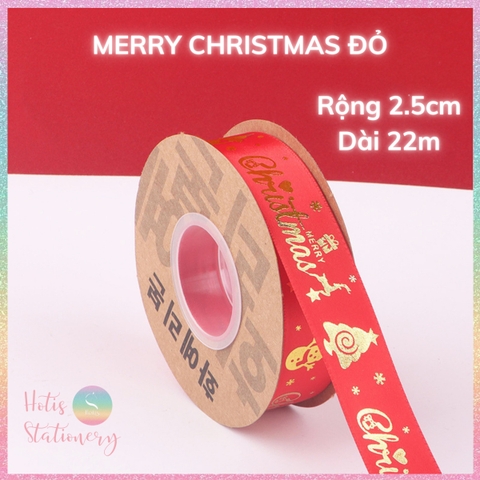[HOTIS] Cuộn 22m Ruy băng Giáng Sinh Noel Merry Christmas màu xanh đỏ ánh kim dùng để gói quà, làm nơ