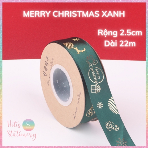 [HOTIS] Cuộn 22m Ruy băng Giáng Sinh Noel Merry Christmas màu xanh đỏ ánh kim dùng để gói quà, làm nơ