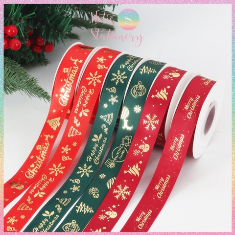 [HOTIS] Cuộn 22m Ruy băng Giáng Sinh Noel Merry Christmas màu xanh đỏ ánh kim dùng để gói quà, làm nơ