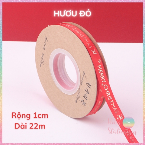 [HOTIS] Cuộn 22m Ruy băng Giáng Sinh Noel Merry Christmas màu xanh đỏ ánh kim dùng để gói quà, làm nơ