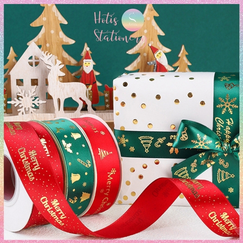 [HOTIS] Cuộn 22m Ruy băng Giáng Sinh Noel Merry Christmas màu xanh đỏ ánh kim dùng để gói quà, làm nơ