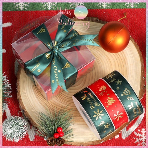 [HOTIS] Cuộn 22m Ruy băng Giáng Sinh Noel Merry Christmas màu xanh đỏ ánh kim dùng để gói quà, làm nơ