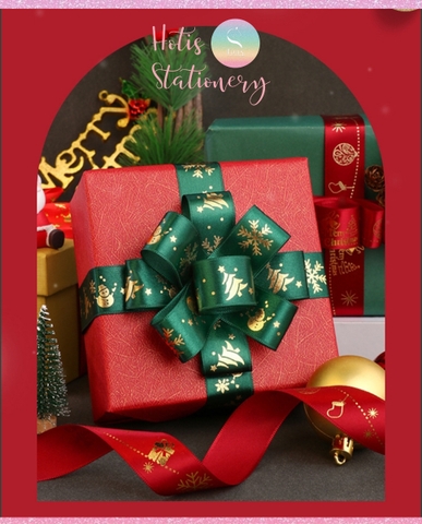 [HOTIS] Cuộn 22m Ruy băng Giáng Sinh Noel Merry Christmas màu xanh đỏ ánh kim dùng để gói quà, làm nơ