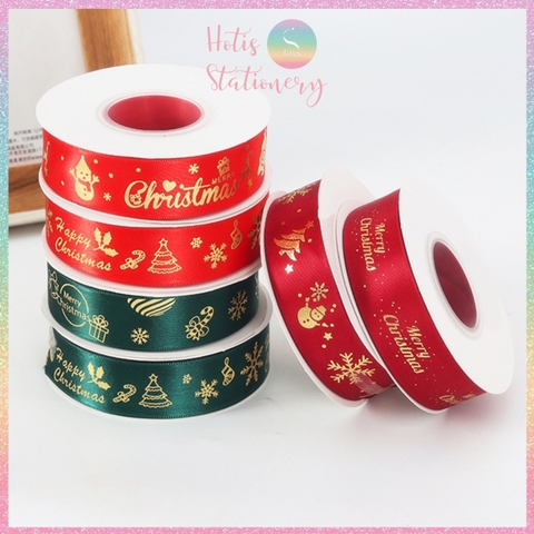 [HOTIS] Cuộn 22m Ruy băng Giáng Sinh Noel Merry Christmas màu xanh đỏ ánh kim dùng để gói quà, làm nơ