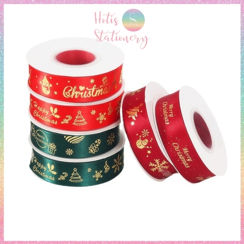 [HOTIS] Cuộn 22m Ruy băng Giáng Sinh Noel Merry Christmas màu xanh đỏ ánh kim dùng để gói quà, làm nơ