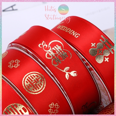 [HOTIS] Cuộn 22m Ruy băng Đám cưới Happy Wedding màu đỏ ánh kim dùng để gói quà, làm nơ, bó hoa